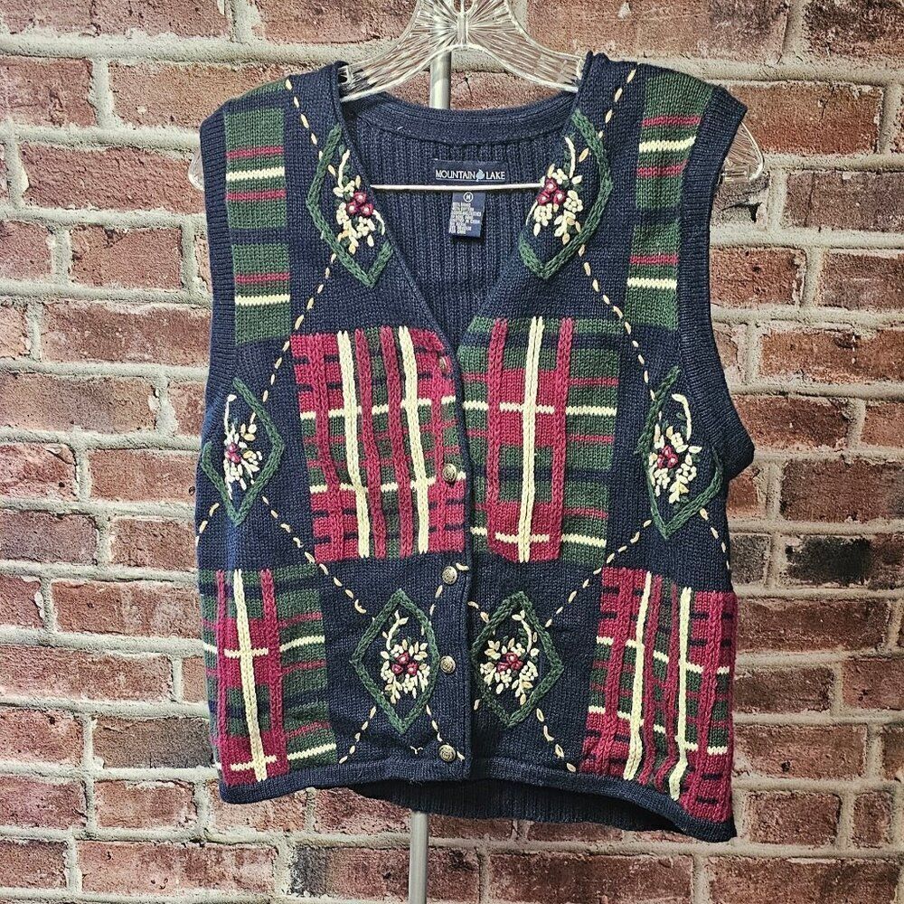 Women's MOUNTAIN LAKE Embroidered Holiday Sweater‎ Vest Medium Vintage